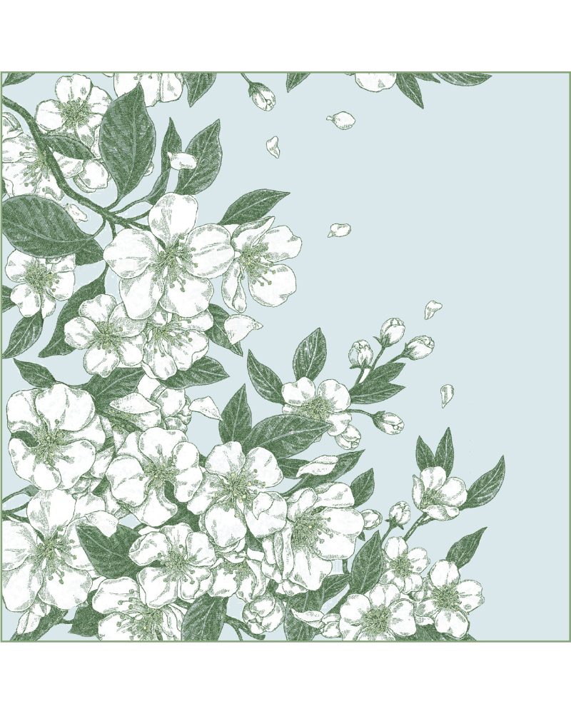 CASHMERE PRINTED SCARF: APPLE BLOSSOMS: LIGHT BLUE