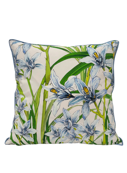 COTTON SCARF QUILTED PILLOW: DANCING LADY FLOWERS: LIGHT BLUE: 21"x 21"
