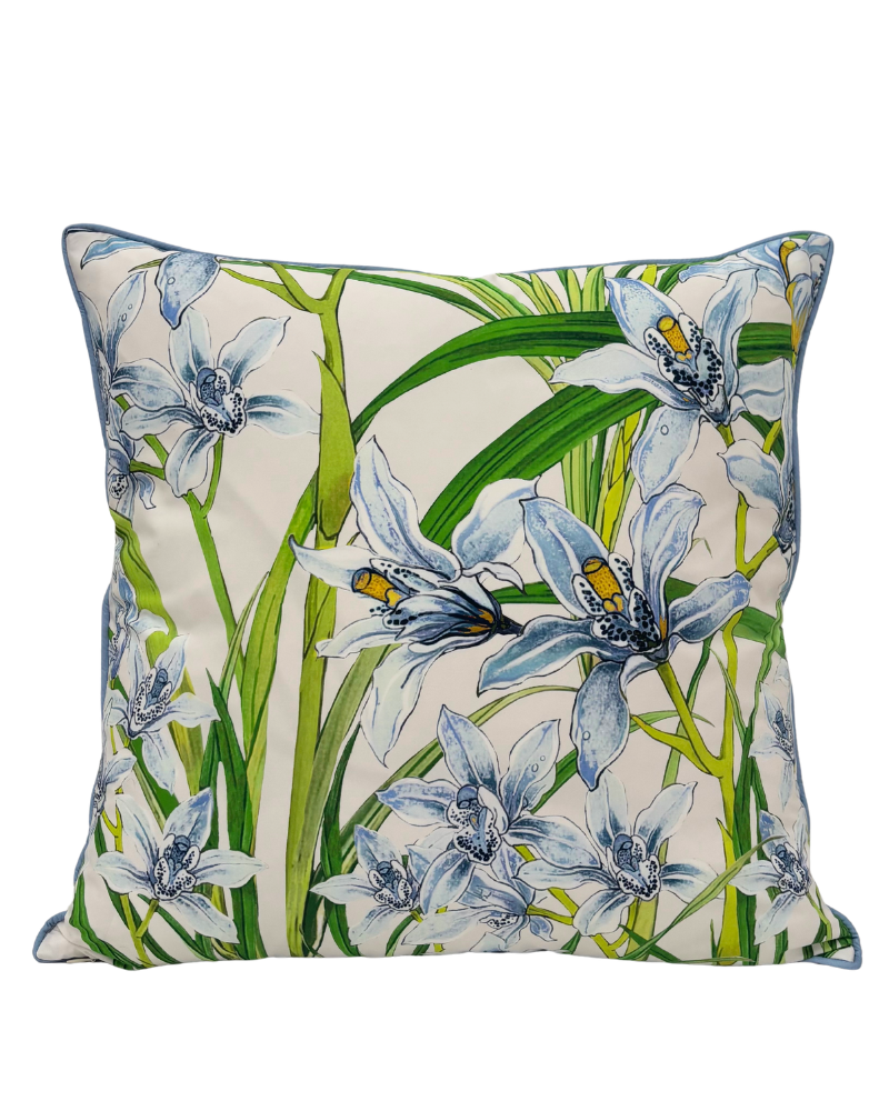 COTTON SCARF QUILTED PILLOW: DANCING LADY FLOWERS: LIGHT BLUE: 21"x 21"