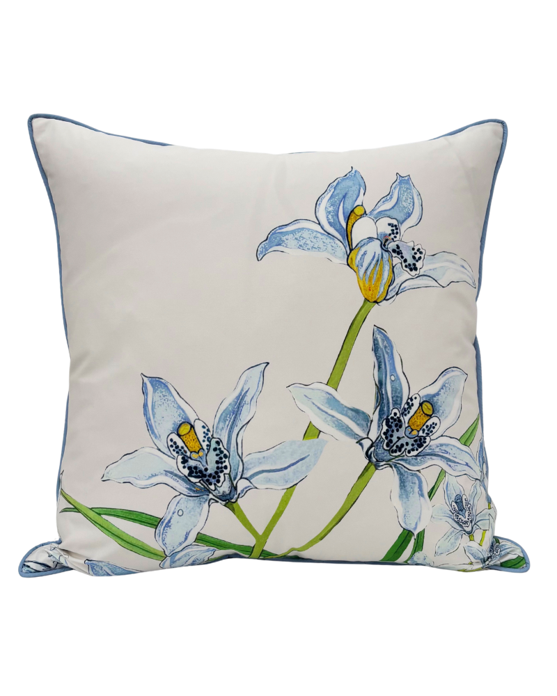 COTTON SCARF QUILTED PILLOW: DANCING LADY FLOWERS: LIGHT BLUE: 21"x 21"