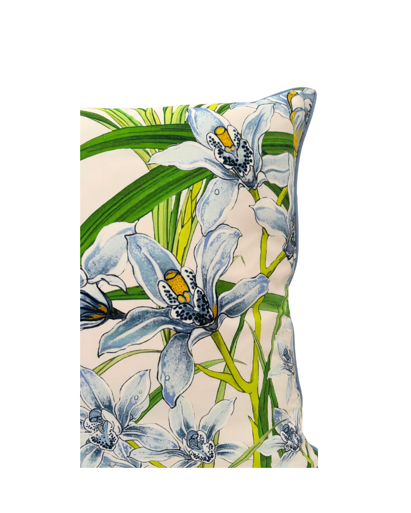 COTTON SCARF QUILTED PILLOW: DANCING LADY FLOWERS: LIGHT BLUE: 21"x 21"