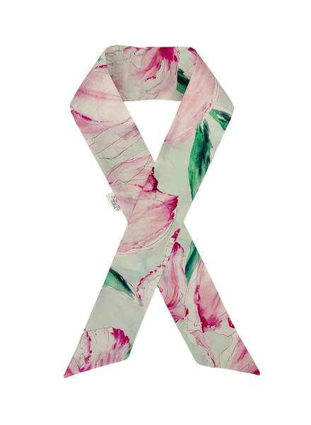SILK TWILLY: TULIP PRINT AQUA AND PINK-32" x 3"
