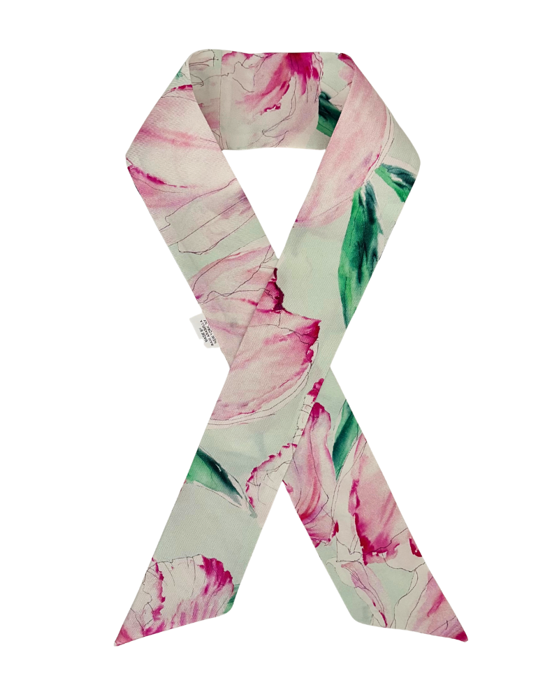 SILK TWILLY: TULIP PRINT AQUA AND PINK-32" x 3"