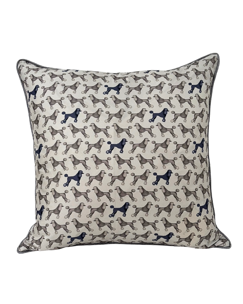 SILK QUILTED PILLOW: POODLE PRINT: GREY 21"X21"
