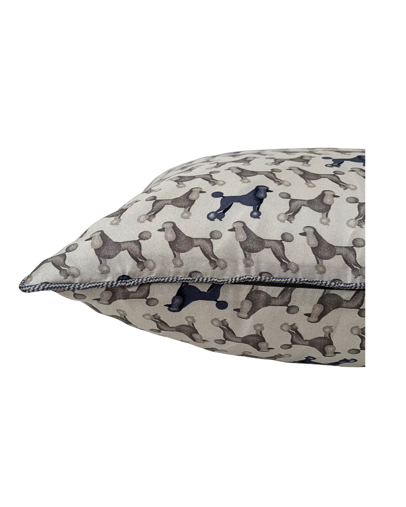 SILK QUILTED PILLOW: POODLE PRINT: GREY 21"X21"