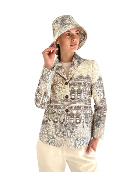 SILK PRINTED QUILTED BLAZER WITH SUEDE DETAIL: SEVILLE: IVORY