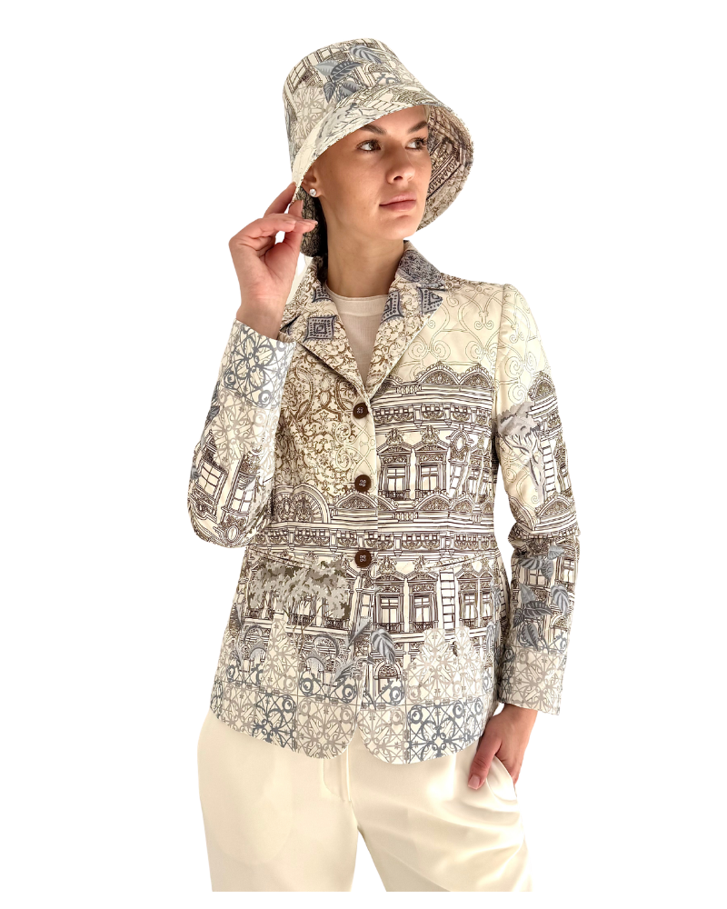 SILK PRINTED QUILTED BLAZER WITH SUEDE DETAIL: SEVILLE: IVORY