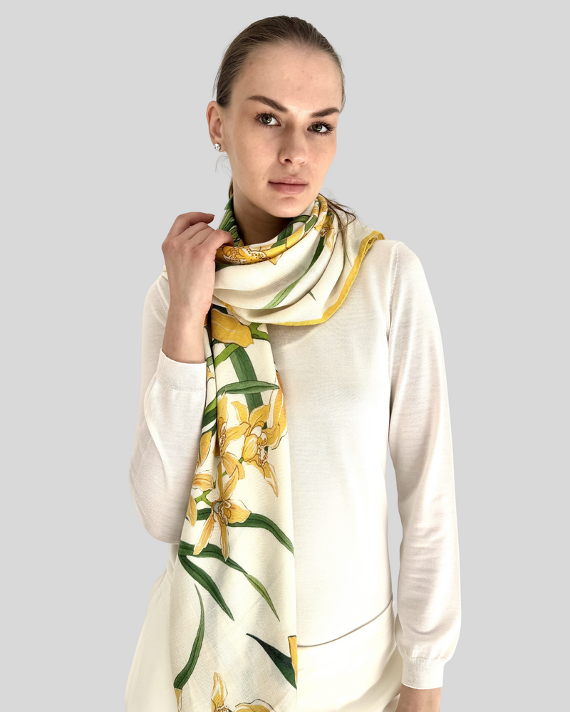 CASHMERE PRINTED SCARF: DANCING LADY FLOWERS: YELLOW