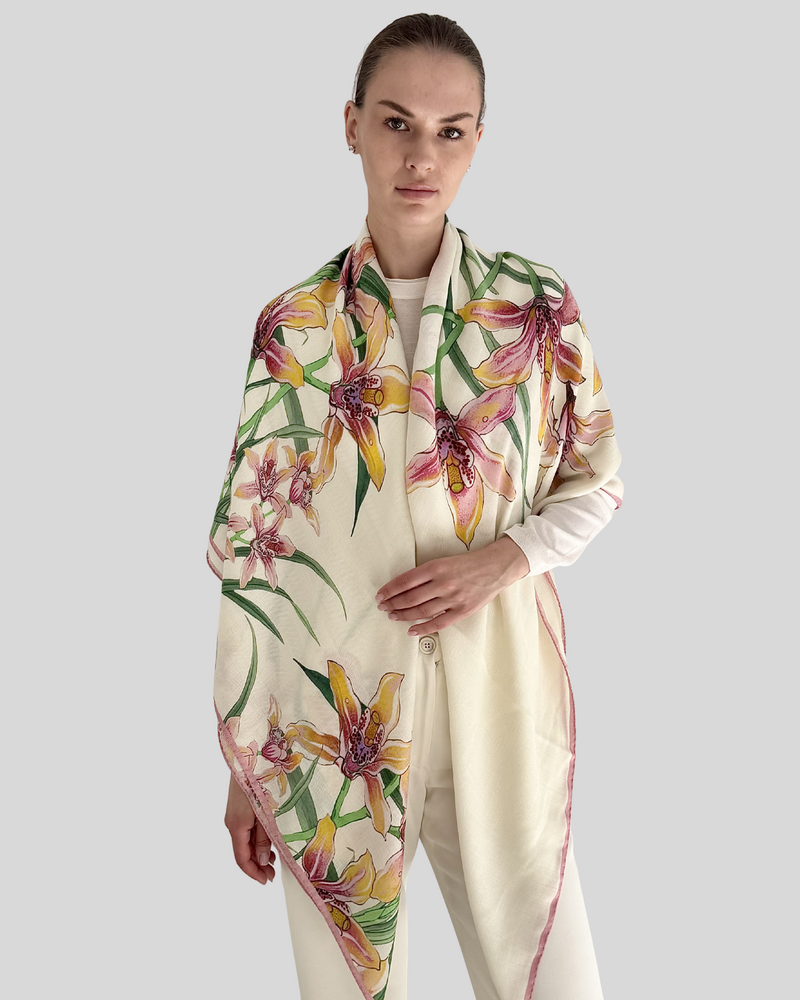 CASHMERE PRINTED SCARF: DANCING LADY FLOWERS: PINK