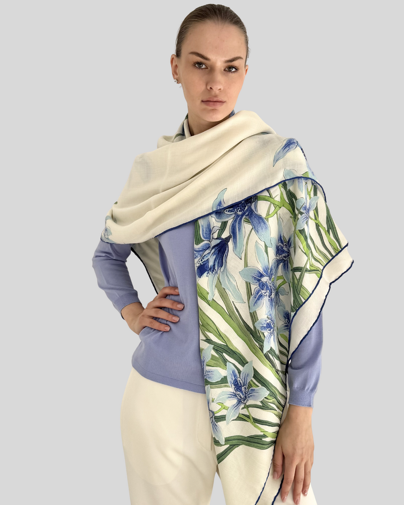 CASHMERE PRINTED SCARF: DANCING LADY FLOWERS: BLUE