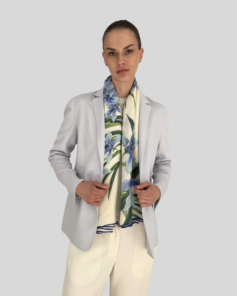 CASHMERE PRINTED SCARF: DANCING LADY FLOWERS: BLUE