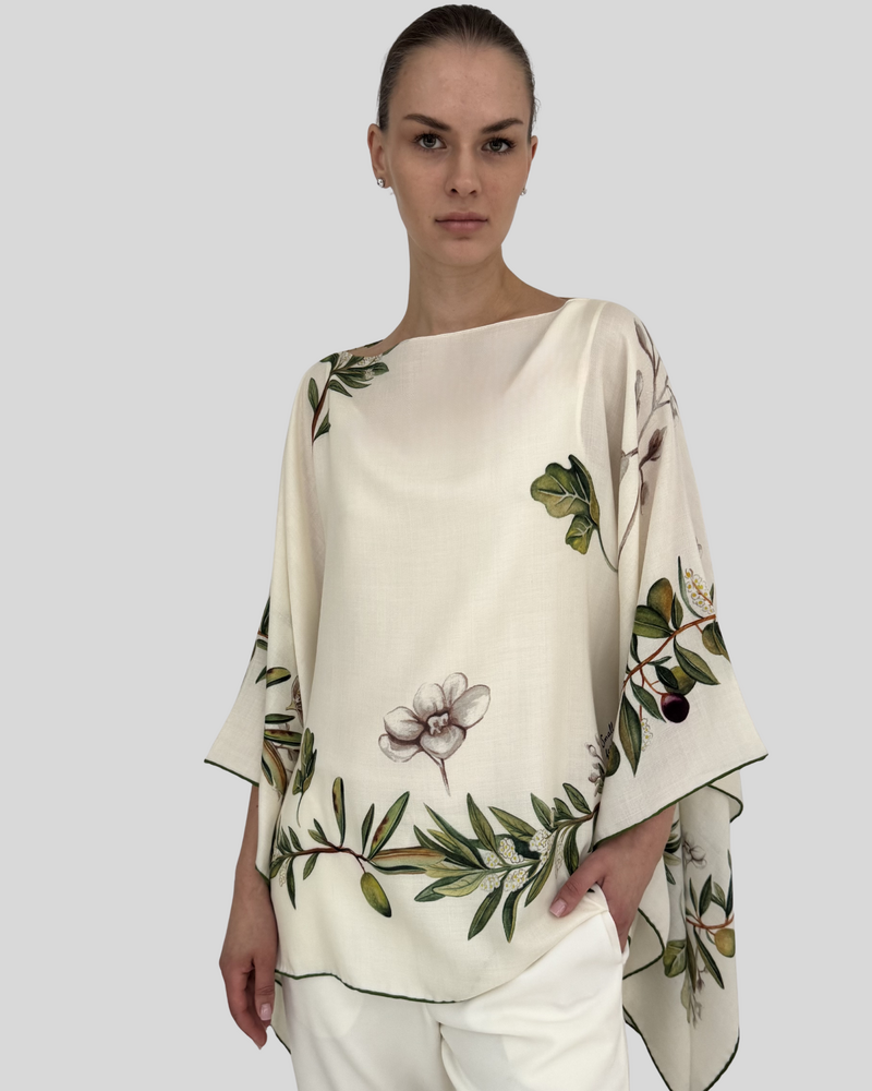 CASHMERE PRINTED PONCHO: OLIVES