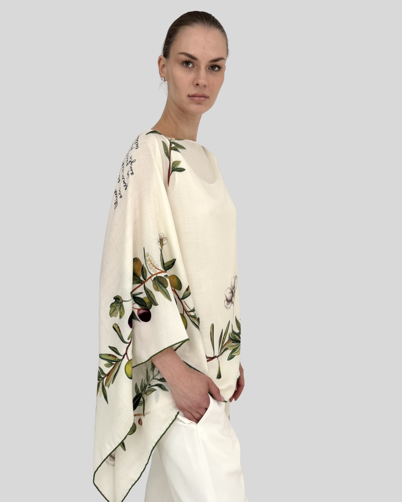 CASHMERE PRINTED PONCHO: OLIVES