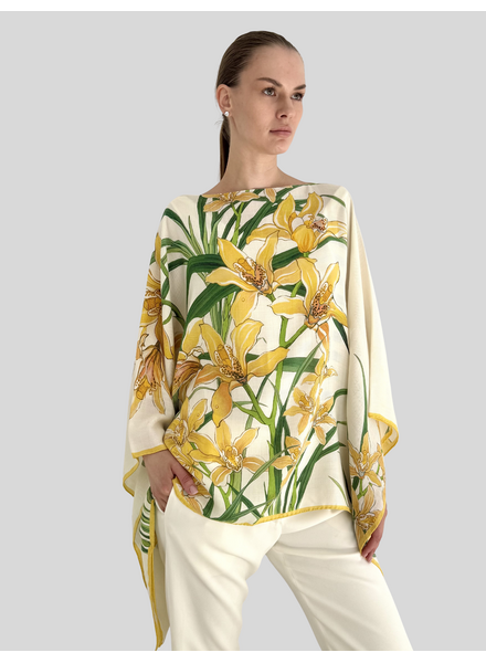 CASHMERE PRINTED PONCHO: DANCING LADY FLOWERS: YELLOW