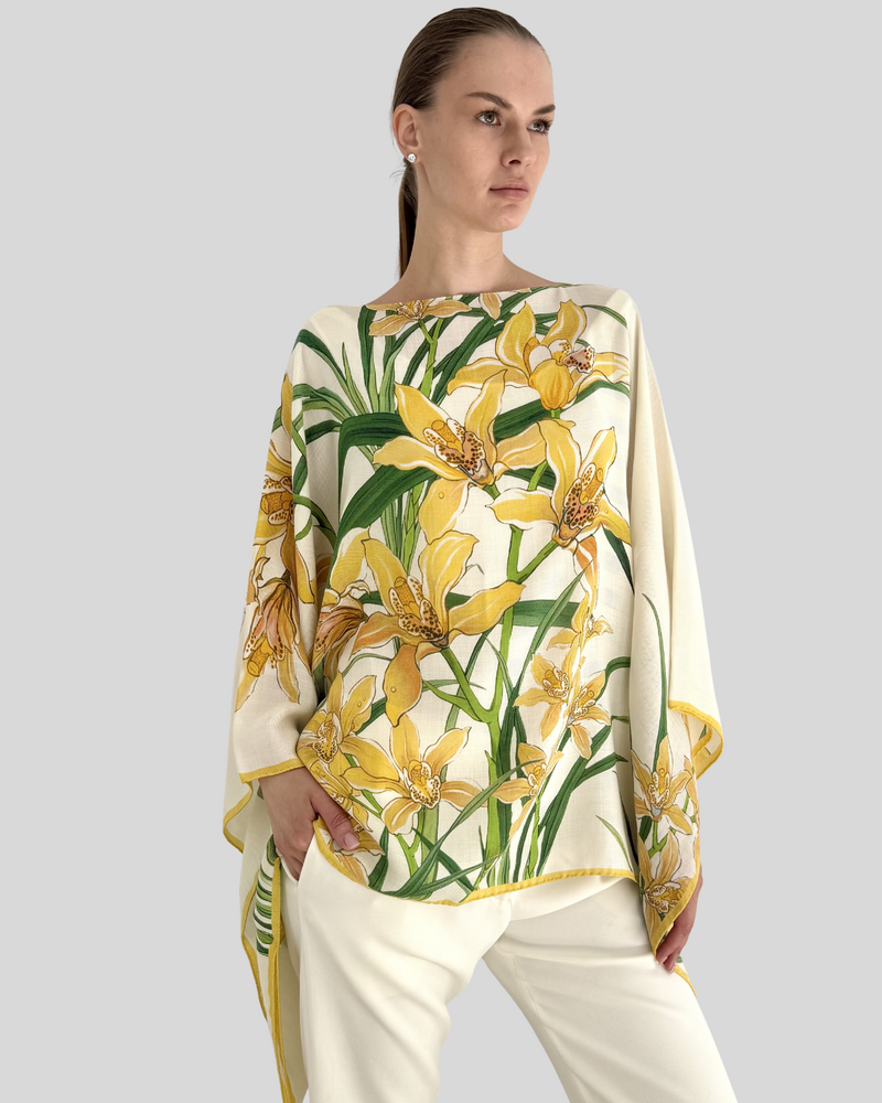 CASHMERE PRINTED PONCHO: DANCING LADY FLOWERS: YELLOW