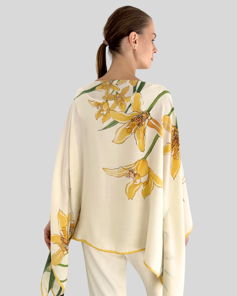 CASHMERE PRINTED PONCHO: DANCING LADY FLOWERS: YELLOW