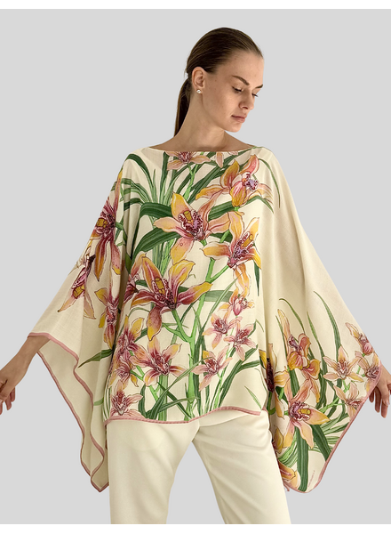 CASHMERE PRINTED PONCHO: DANCING LADY FLOWERS: PINK