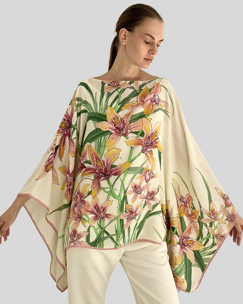 CASHMERE PRINTED PONCHO: DANCING LADY FLOWERS: PINK