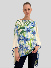 CASHMERE PRINTED PONCHO: DANCING LADY FLOWERS: BLUE