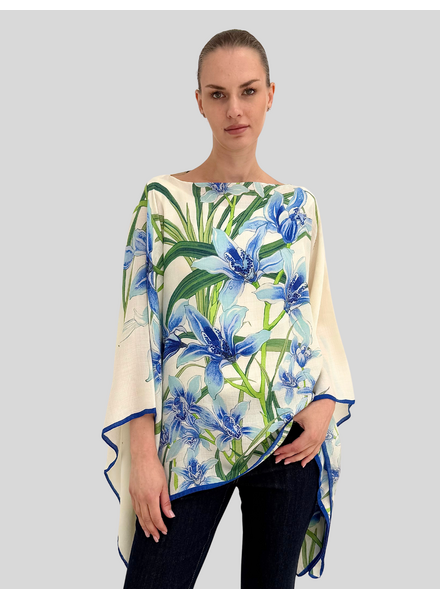 CASHMERE PRINTED PONCHO: DANCING LADY FLOWERS: BLUE