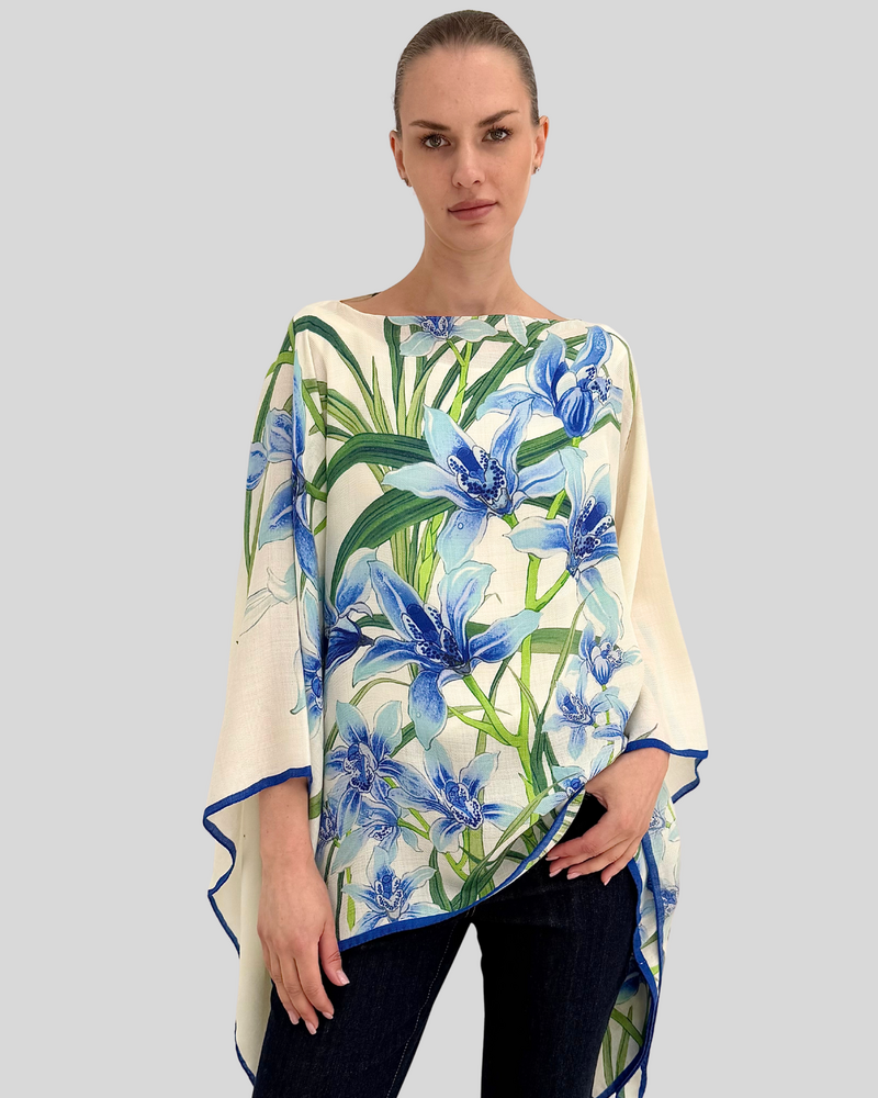 CASHMERE PRINTED PONCHO: DANCING LADY FLOWERS: BLUE