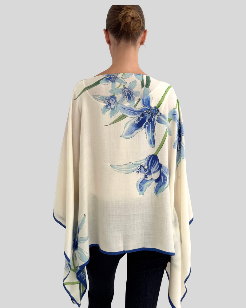 CASHMERE PRINTED PONCHO: DANCING LADY FLOWERS: BLUE