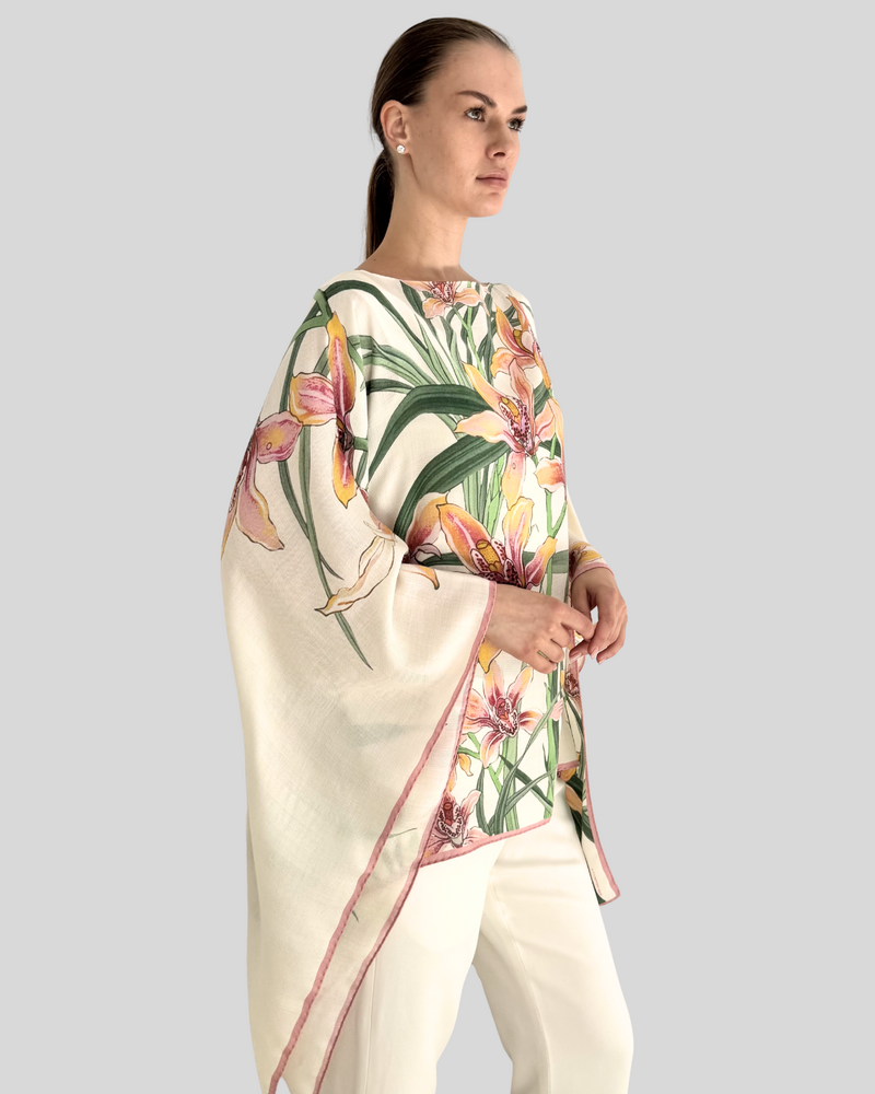 CASHMERE PRINTED PONCHO: DANCING LADY FLOWERS: PINK