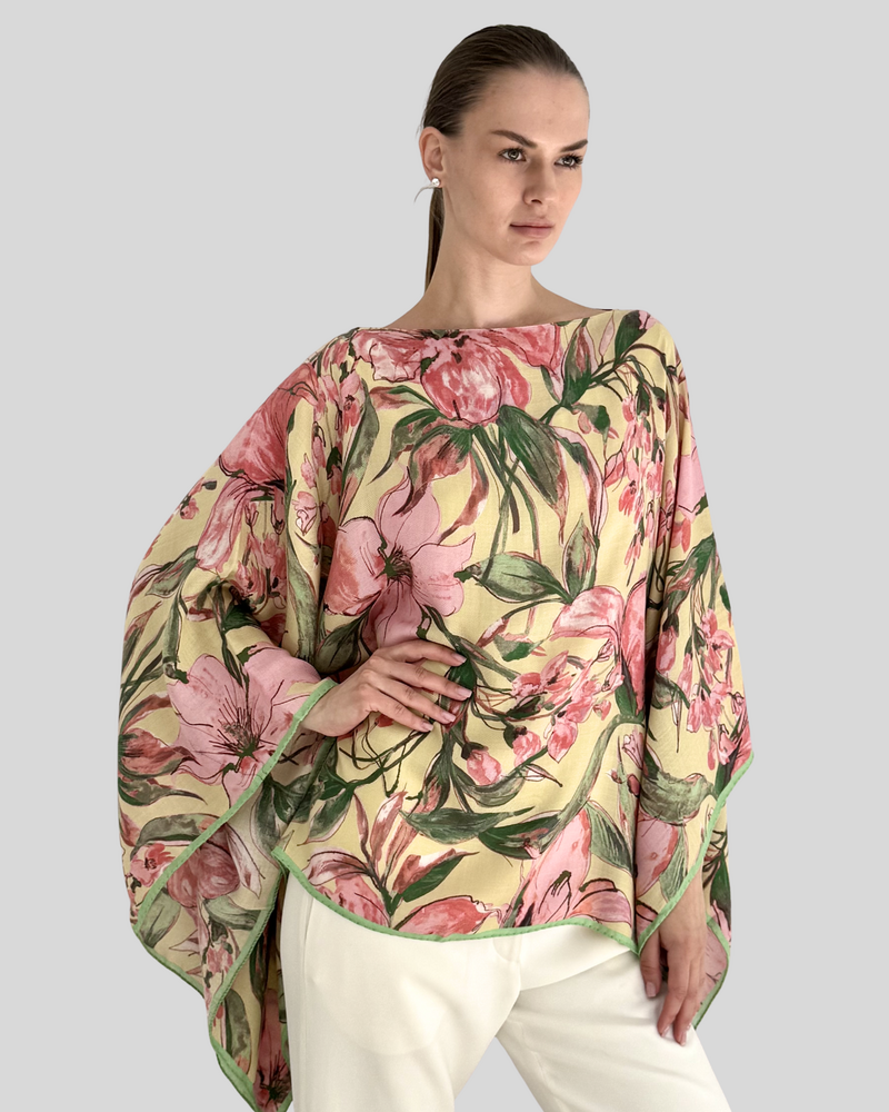 CASHMERE PRINTED PONCHO: SICILY: VANILLA