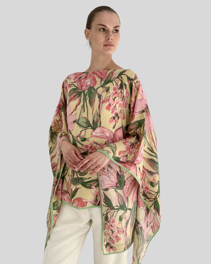 CASHMERE PRINTED PONCHO: SICILY: VANILLA