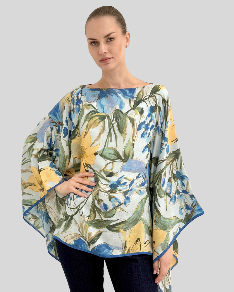 CASHMERE PRINTED PONCHO: SICILY: BLUE