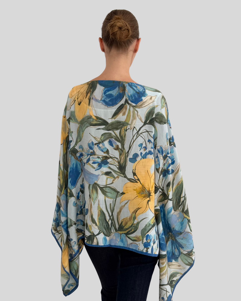 CASHMERE PRINTED PONCHO: SICILY: BLUE
