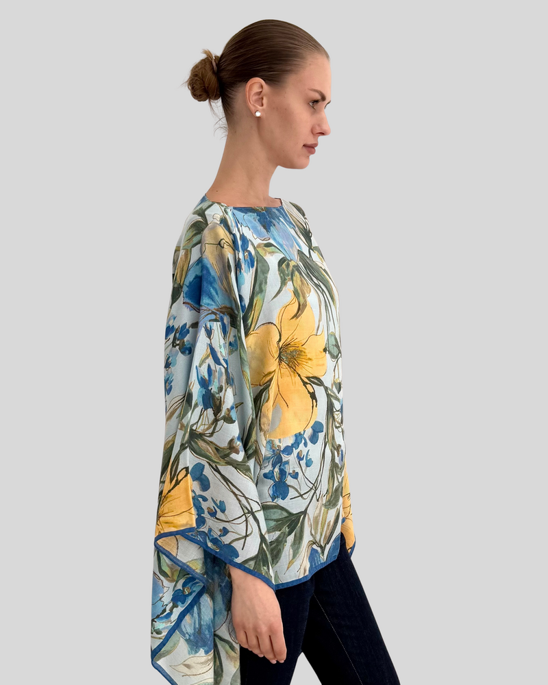 CASHMERE PRINTED PONCHO: SICILY: BLUE