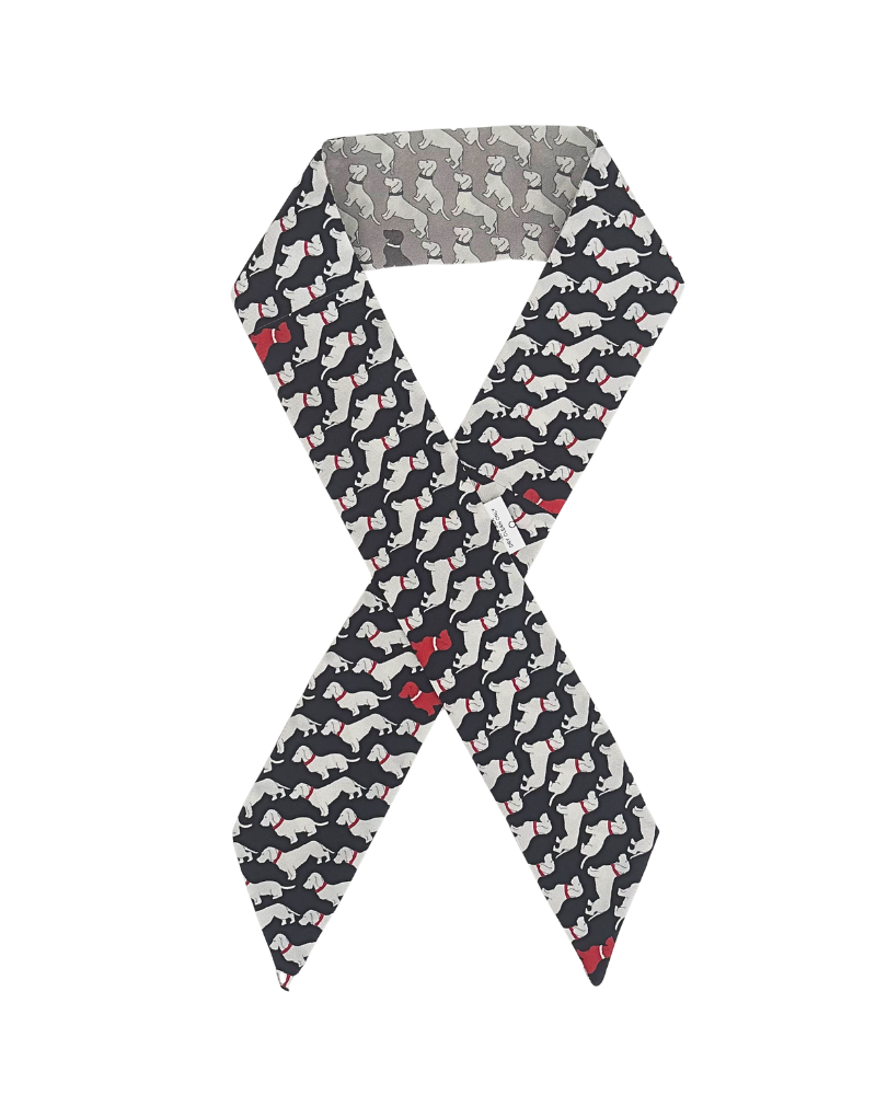 SILK TWILLY: BASSET PRINT NAVY BLUE AND GREY-32" x 3