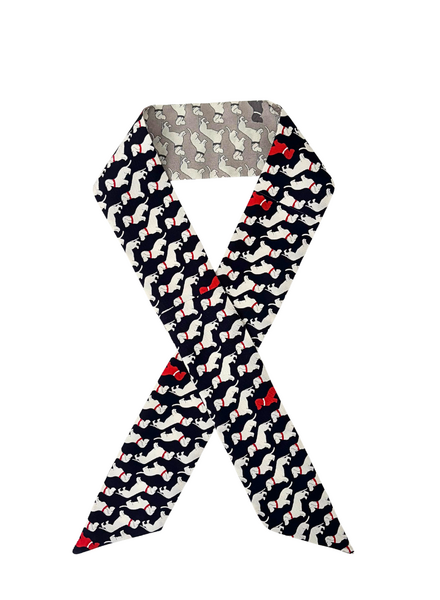 SILK TWILLY: BASSET PRINT NAVY BLUE AND GREY-32" x 3