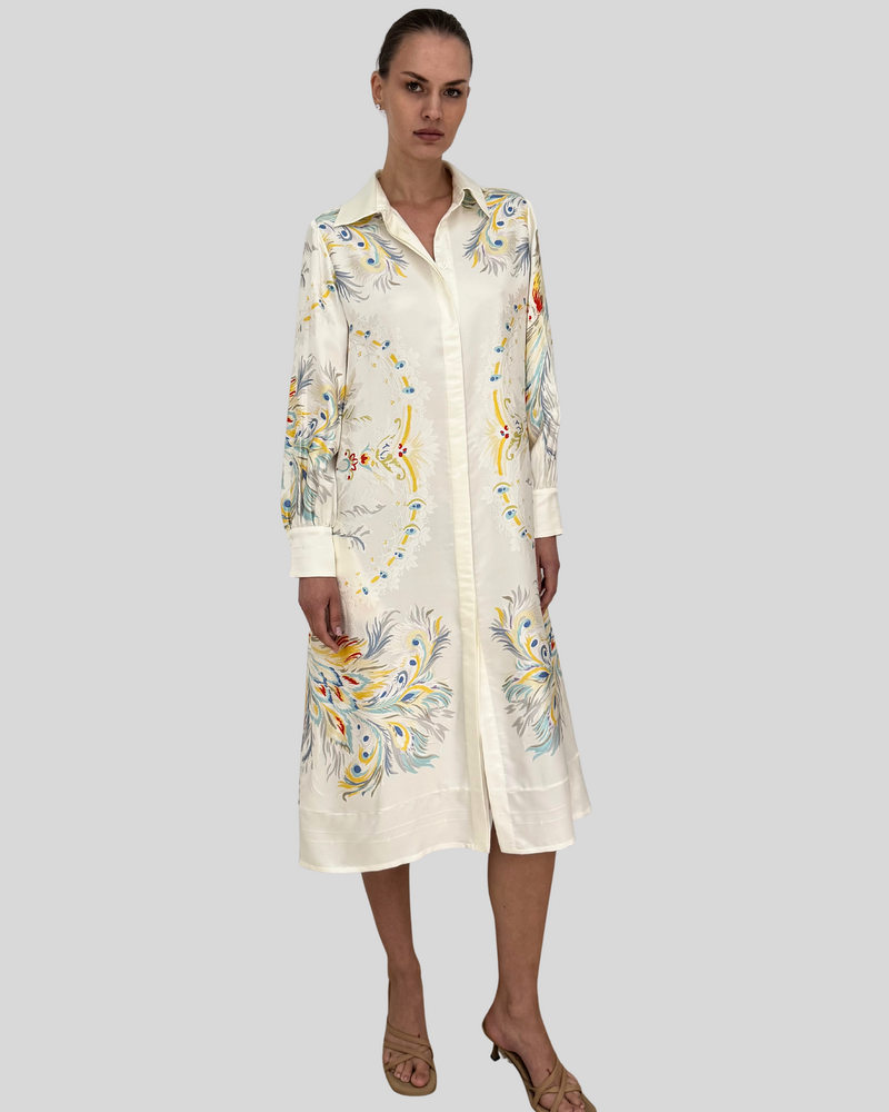 SHIRT DRESS WITH BELT: JACQUARD PEACOCK PRINTED: IVORY