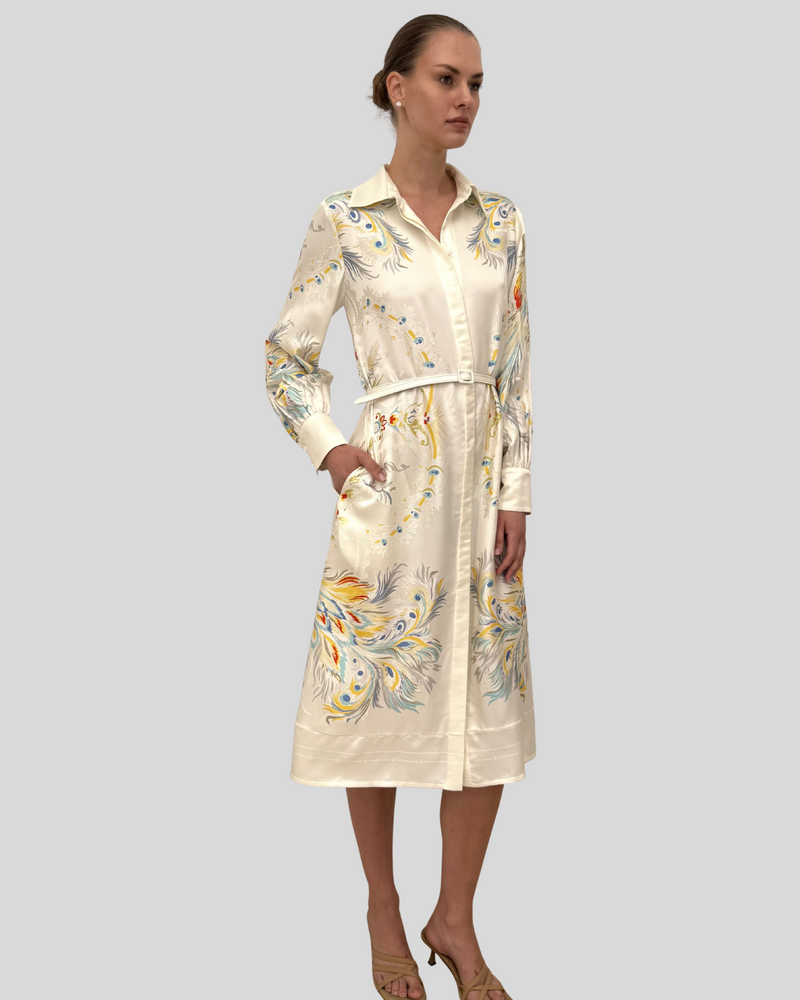 SHIRT DRESS WITH BELT: JACQUARD PEACOCK PRINTED: IVORY