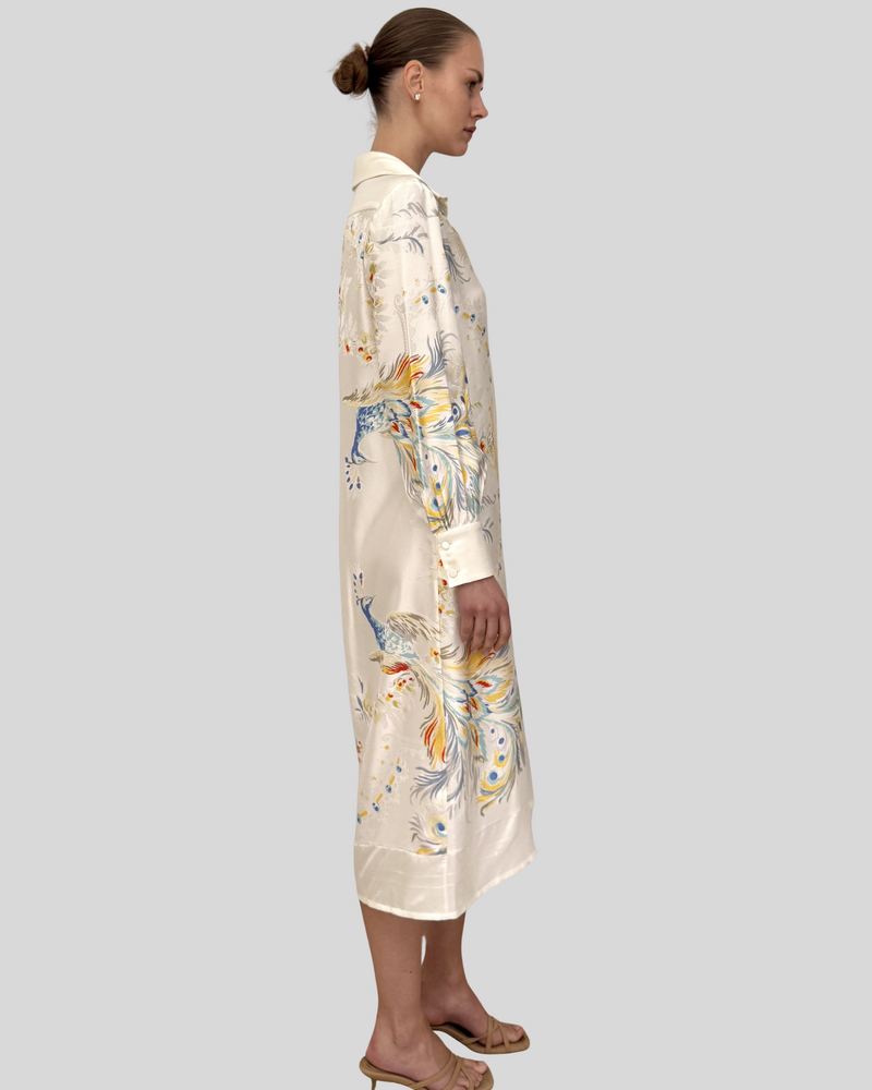 SHIRT DRESS WITH BELT: JACQUARD PEACOCK PRINTED: IVORY