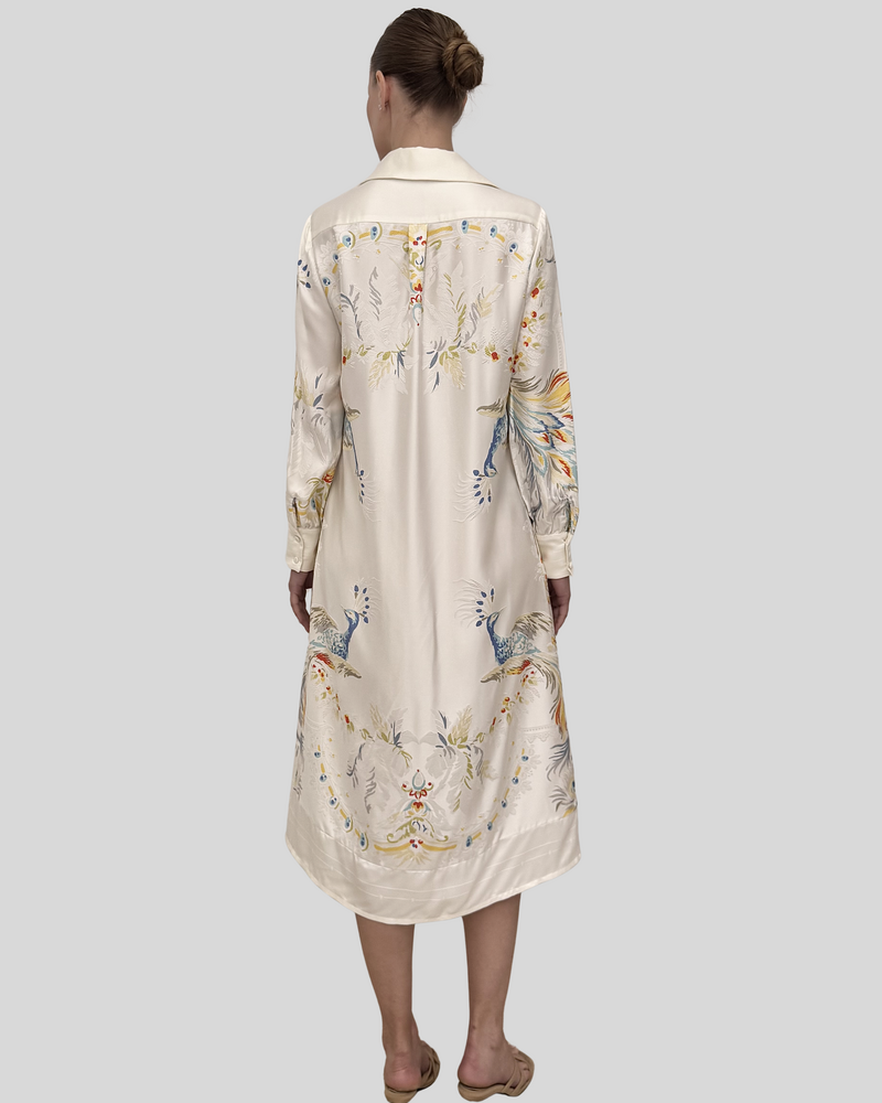 SHIRT DRESS WITH BELT: JACQUARD PEACOCK PRINTED: IVORY
