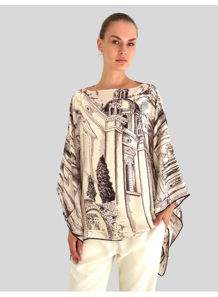 CASHMERE PRINTED PONCHO: MODERN COMO: BROWN