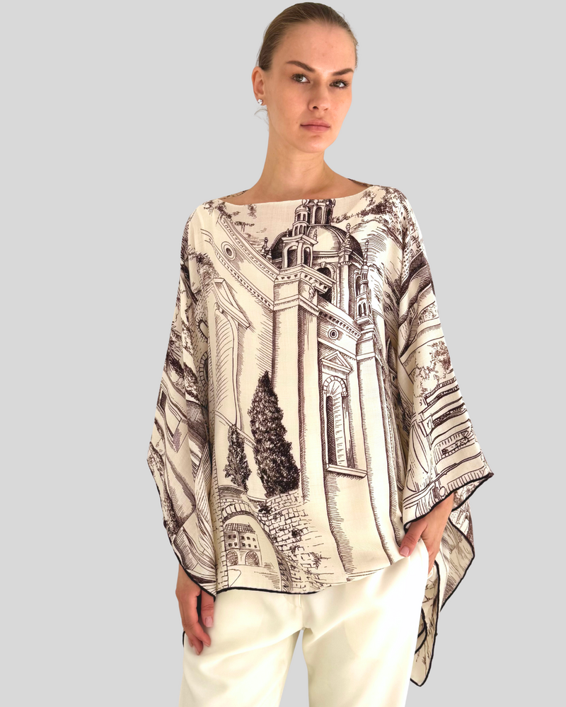 CASHMERE PRINTED PONCHO: MODERN COMO: BROWN
