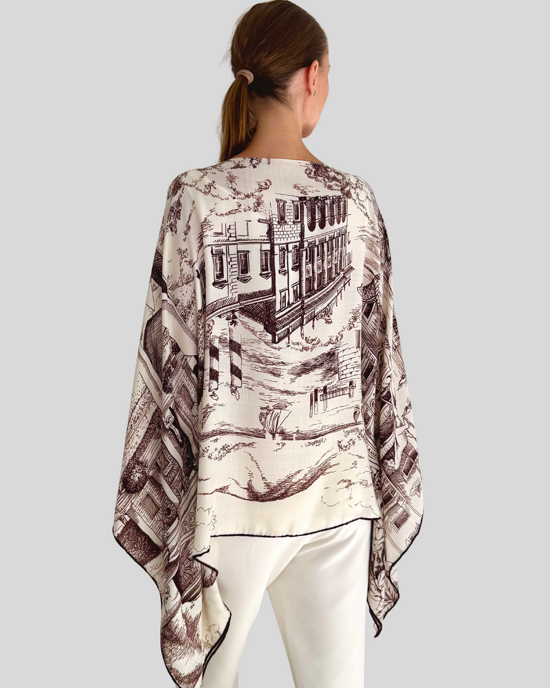 CASHMERE PRINTED PONCHO: MODERN COMO: BROWN