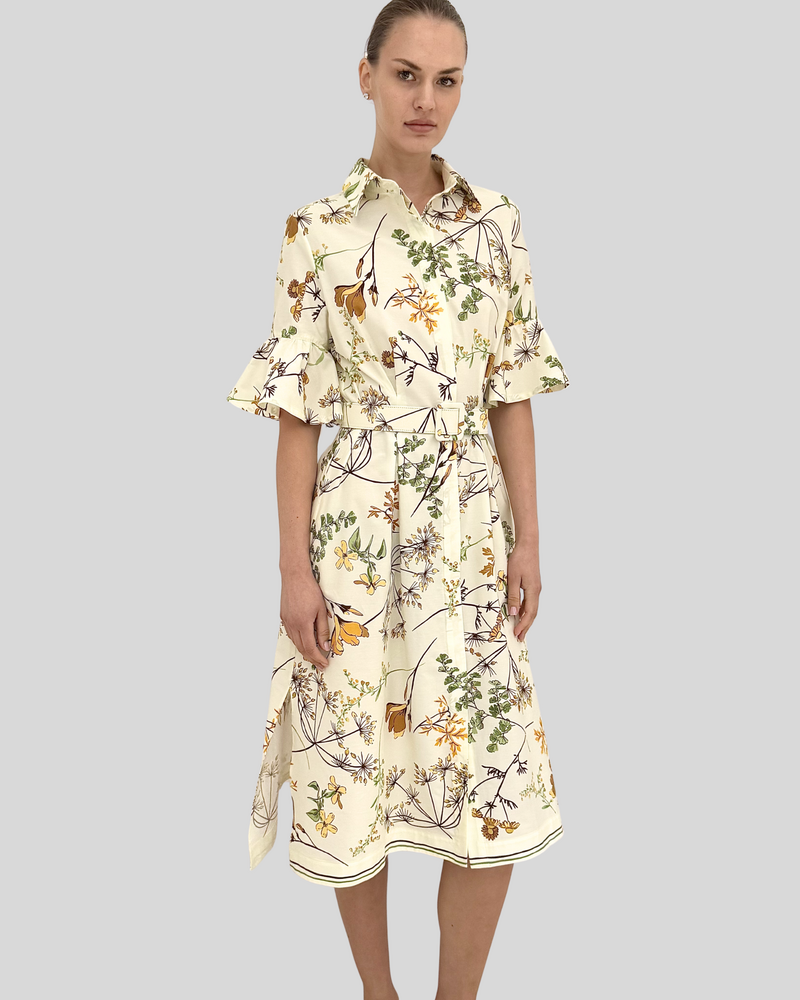 DRESS RUFFLE SLEEVES WITH BELT: MARGARITA: IVORY