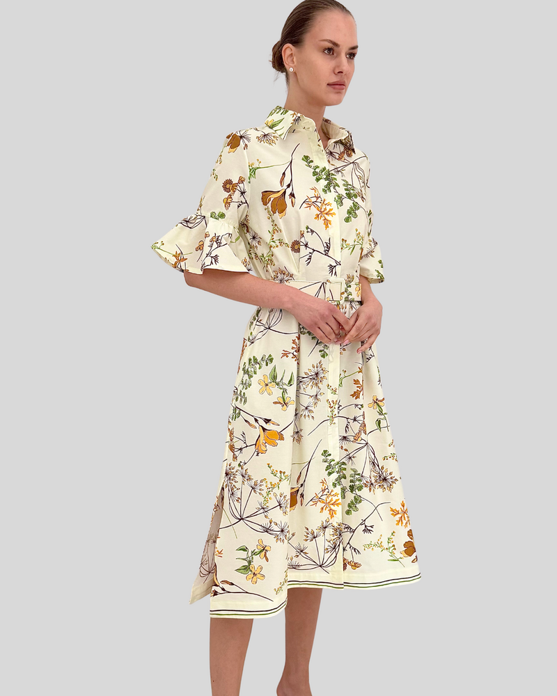 DRESS RUFFLE SLEEVES WITH BELT: MARGARITA: IVORY
