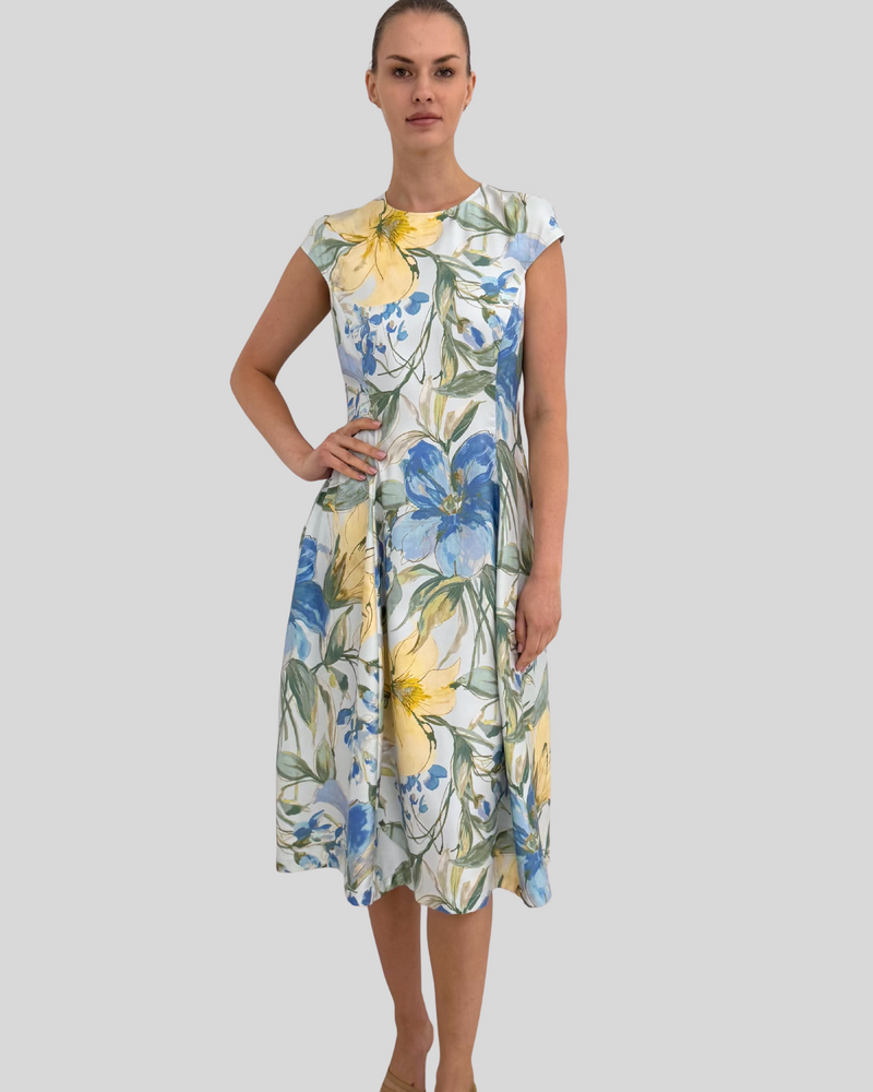 LONG DRESS WITH CAP SLEEVES: SICILY: BLUE