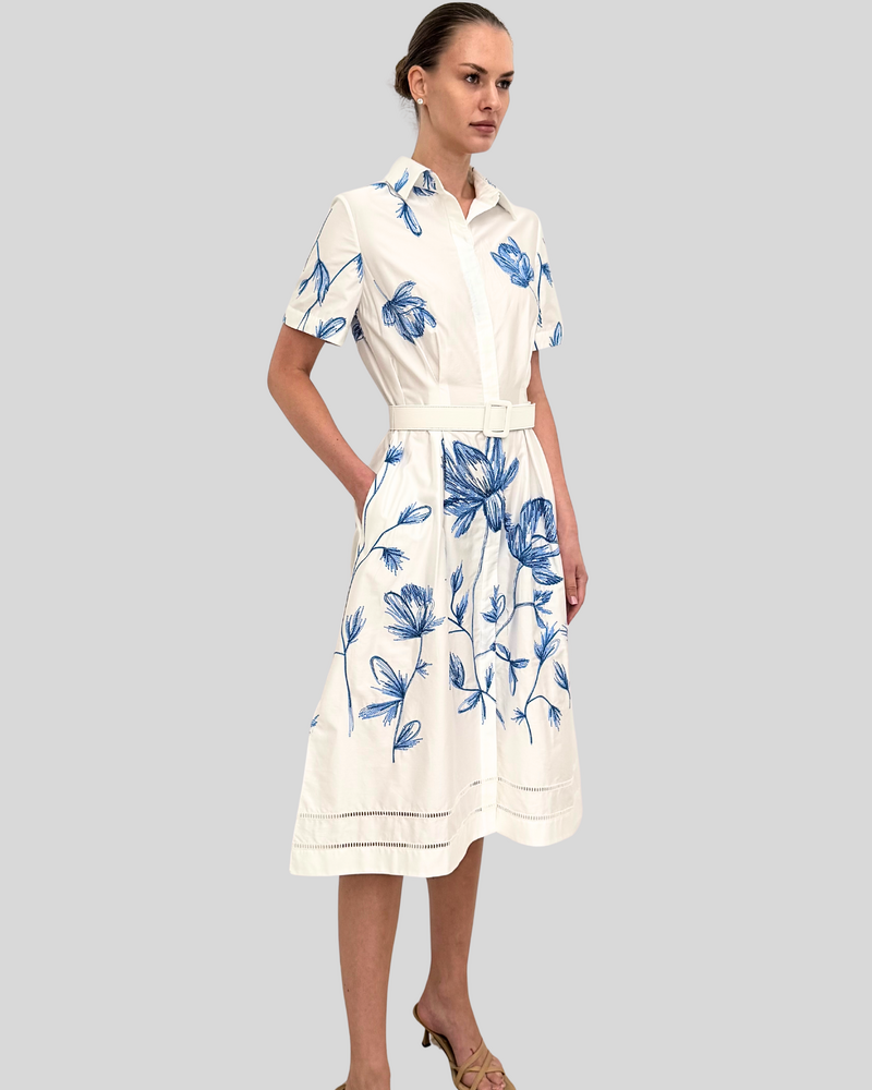 HALF-SLEEVES DRESS: EMBROIDERY: BLUE