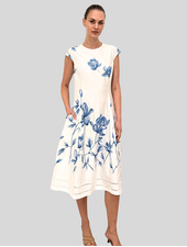 LONG DRESS WITH CAP SLEEVES: EMBROIDERY: BLUE