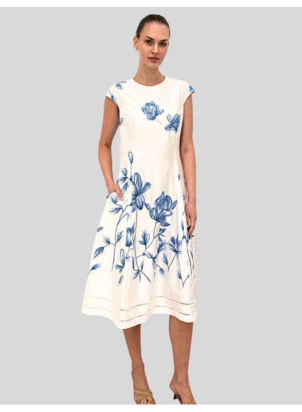 LONG DRESS WITH CAP SLEEVES: EMBROIDERY: BLUE