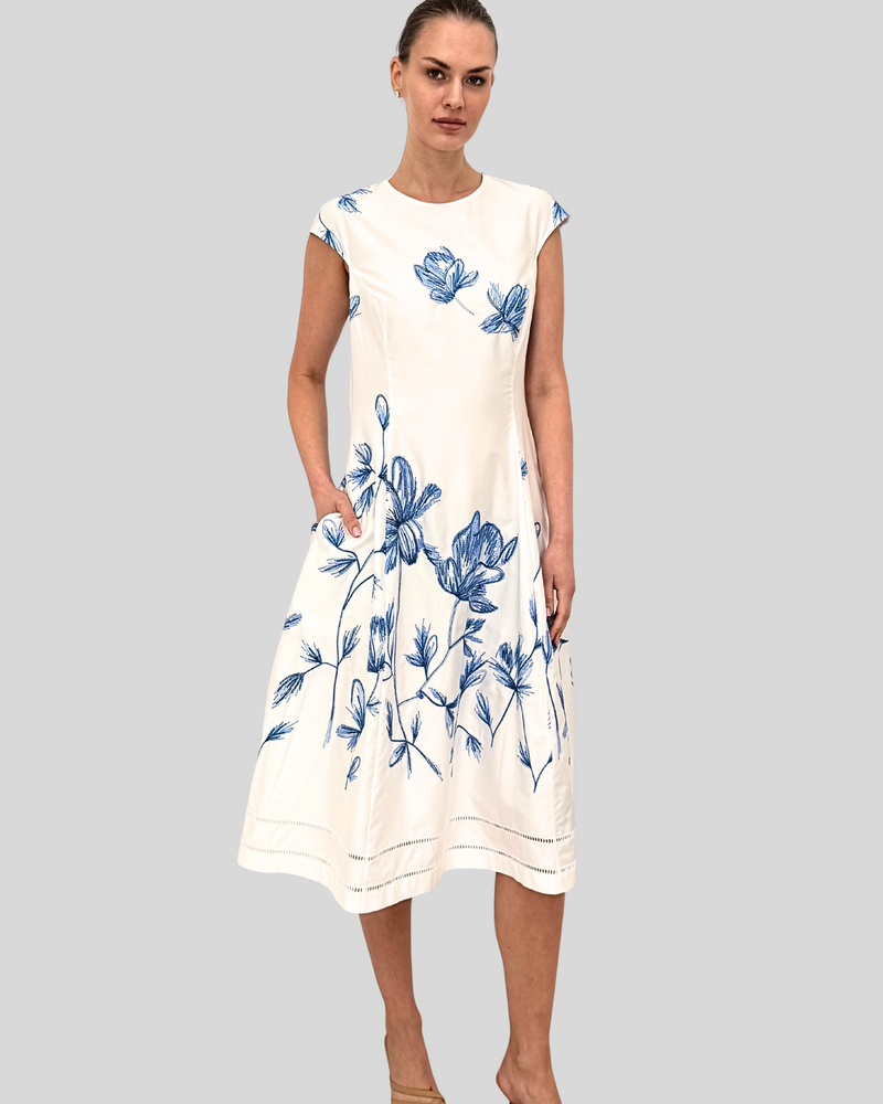 LONG DRESS WITH CAP SLEEVES: EMBROIDERY: BLUE