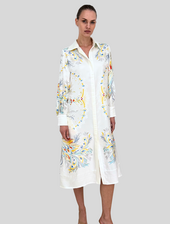 SHIRT DRESS WITH BELT: JACQUARD PEACOCK PRINTED: IVORY