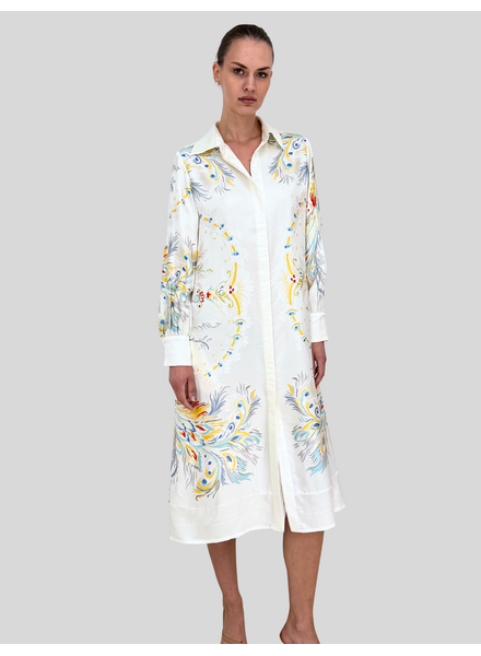 SHIRT DRESS WITH BELT: JACQUARD PEACOCK PRINTED: IVORY